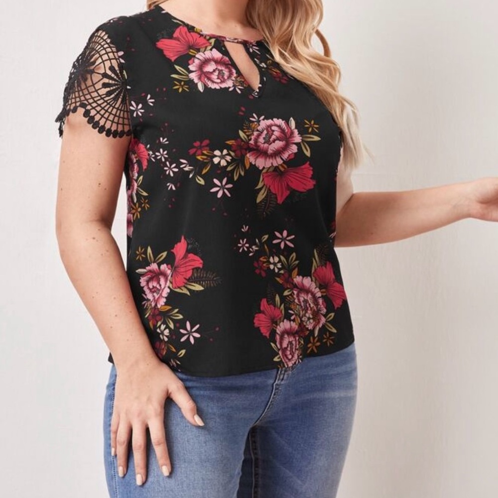 SHEIN Black and Pink Crochet Floral Blouse